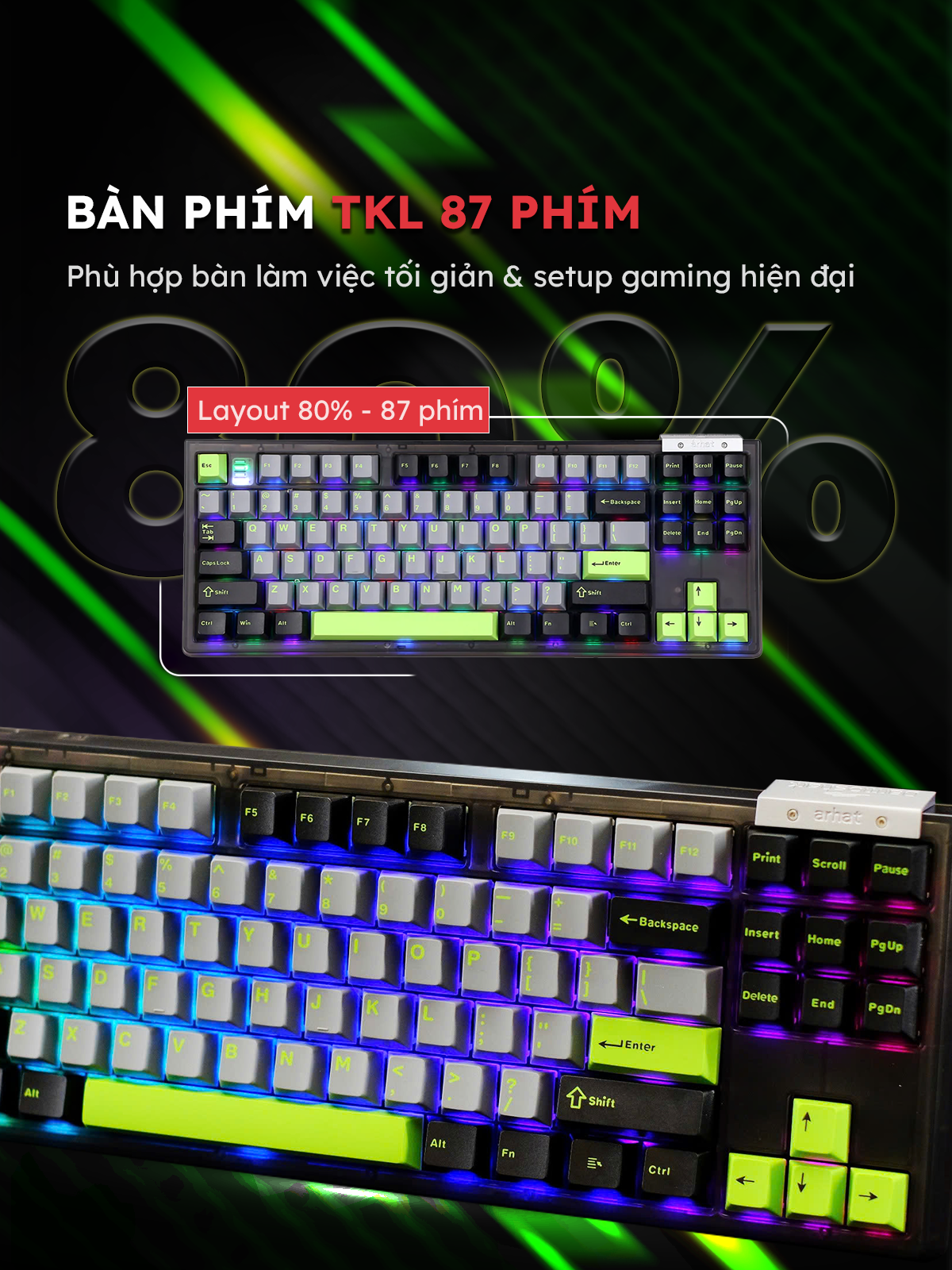 Bàn Phím Cơ Cao Cấp Darmoshark TOP87 Bluetooth 5.0/2.4G/Type-C, Switch Matcha, 87 Phím - Ảnh 2