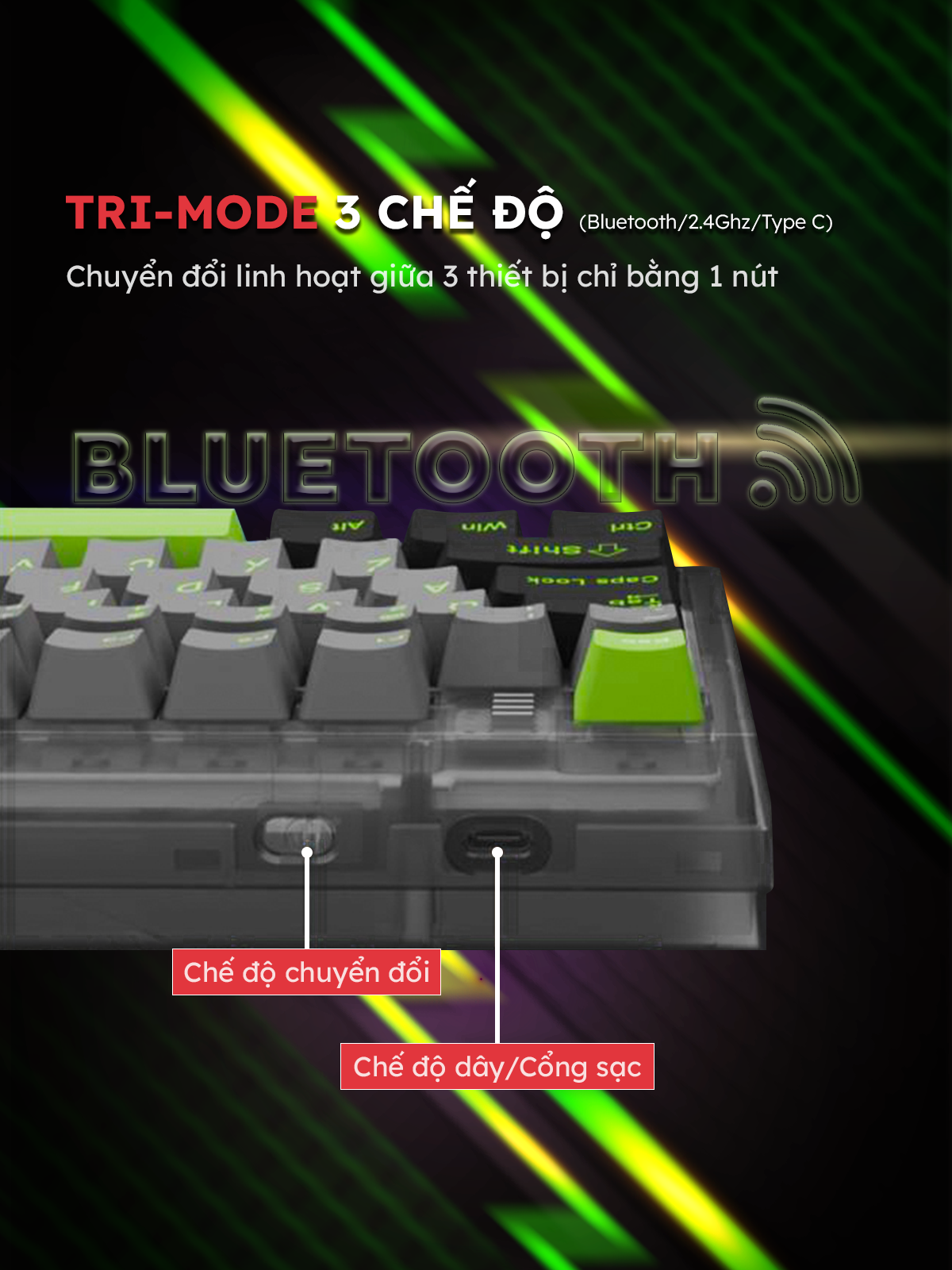 Bàn Phím Cơ Cao Cấp Darmoshark TOP87 Bluetooth 5.0/2.4G/Type-C, Switch Matcha, 87 Phím - Ảnh 3