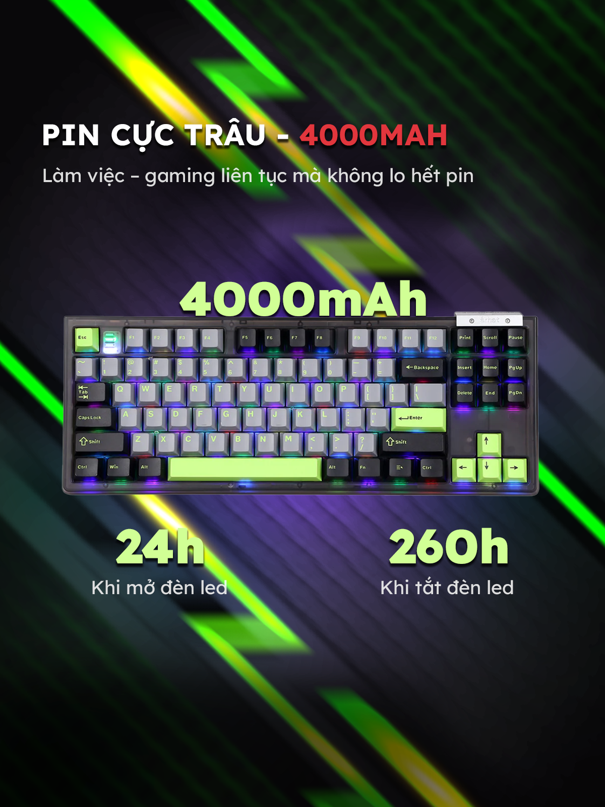 Bàn Phím Cơ Cao Cấp Darmoshark TOP87 Bluetooth 5.0/2.4G/Type-C, Switch Matcha, 87 Phím - Ảnh 6